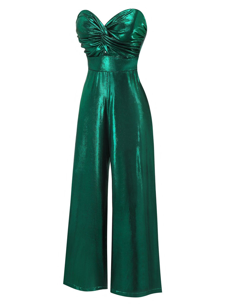 Green 1970s Knotted Cut-Out Glossy Jumpsuit - vintage jumpsuit, retro fashion