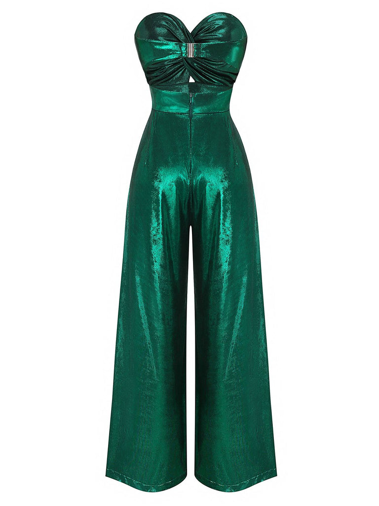 Green 1970s Knotted Cut-Out Glossy Jumpsuit - vintage jumpsuit, retro fashion