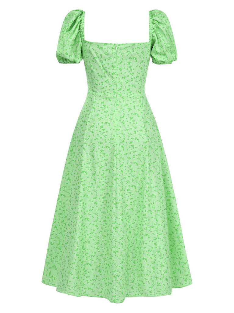 Green 1970s Puff Sleeve Ditsy Floral Slit Dress: where 1970s romance meets her modern spirit