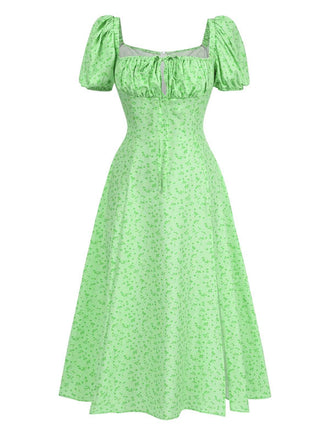 She slips into this Green 1970s Puff Sleeve Ditsy Floral Slit Dress and suddenly it's a 1970s daydream
