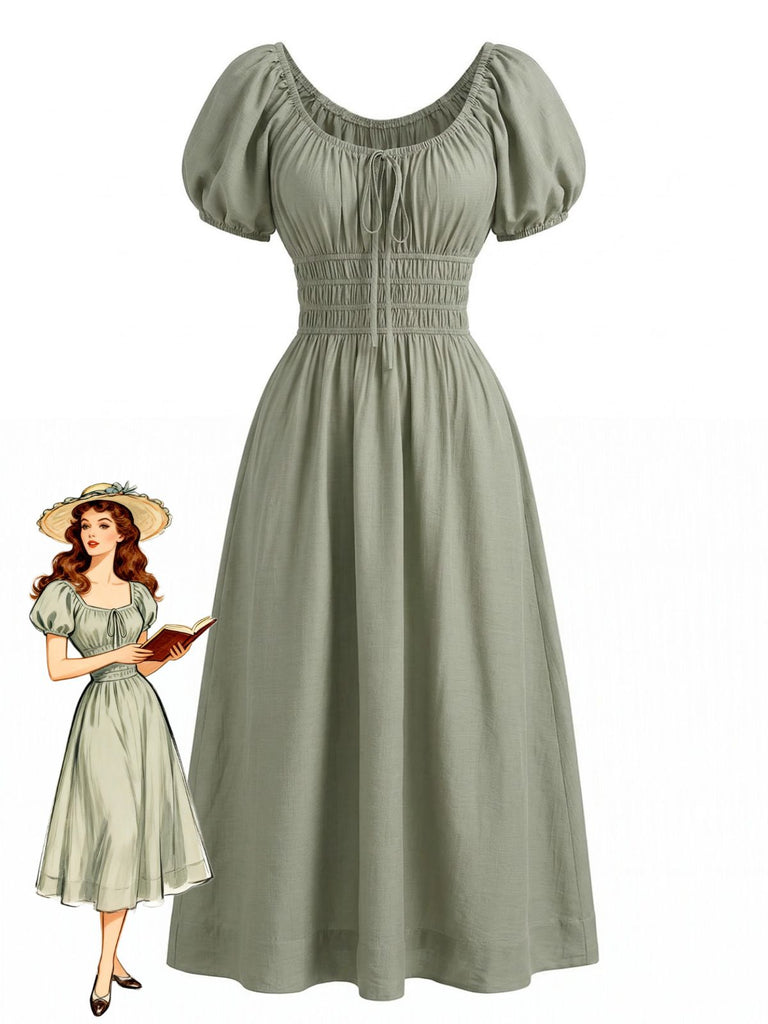 Green 1950s Square Neck Puff Sleeve Boho Dress