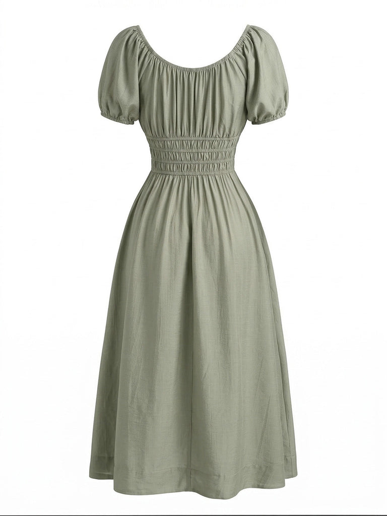 Green 1950s Square Neck Puff Sleeve Boho Dress 3