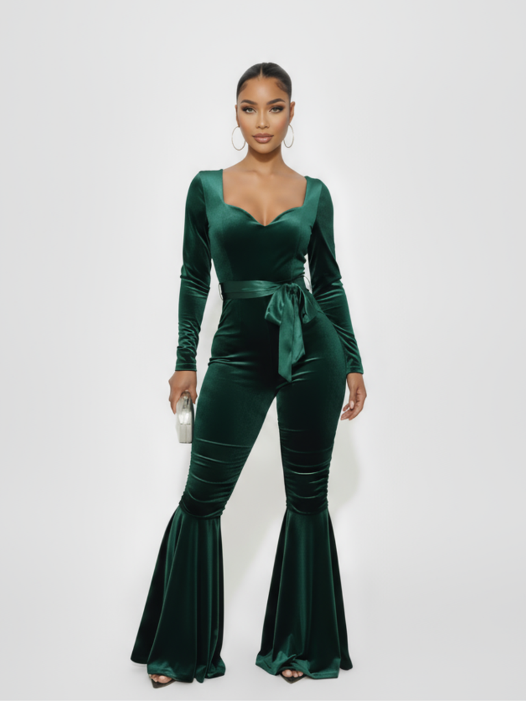 Green 1970s Sweetheart Flare Leg Velvet Jumpsuit - vintage jumpsuit, retro fashion