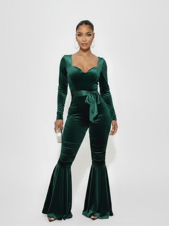 Green 1970s Sweetheart Flare Leg Velvet Jumpsuit - vintage jumpsuit, retro fashion