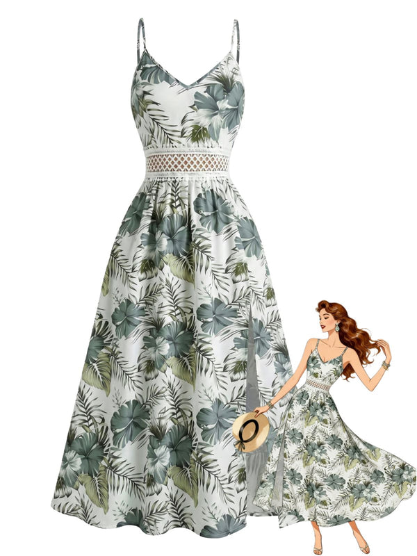 Green 1970s Tropical Floral Boho Cami Dress Green 1970s Tropical Floral Boho Cami Dress