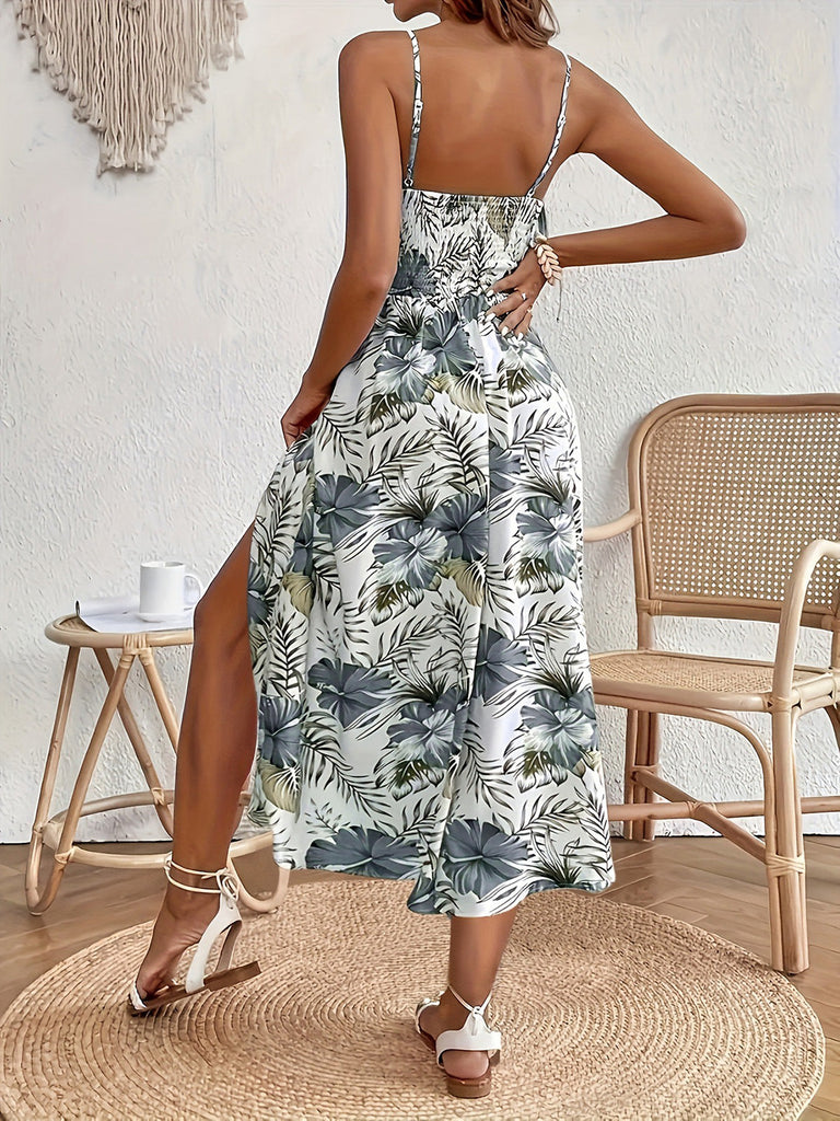 Green 1970s Tropical Floral Boho Cami Dress