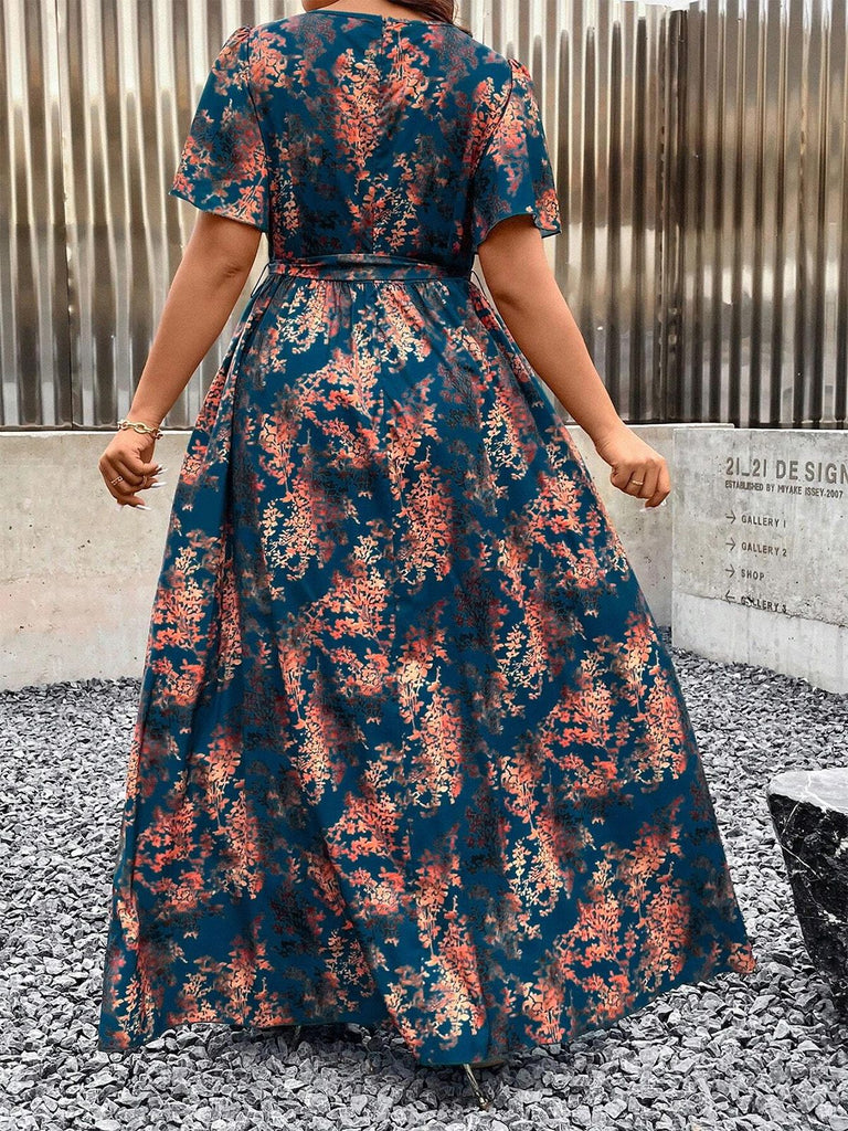 Green 1980s Floral Surplice Slit Dress - vintage dress, retro fashion
