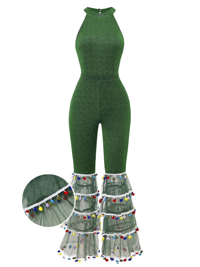Green 1980s Solid Sparkly Mock Mesh Jumpsuit | Retro Stage