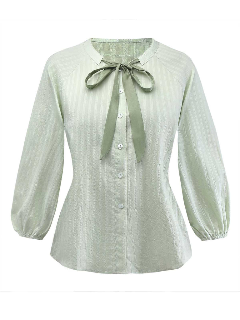 Green 1980s Tie-Neck Puff Sleeve Blouse - vintage fashion, retro style