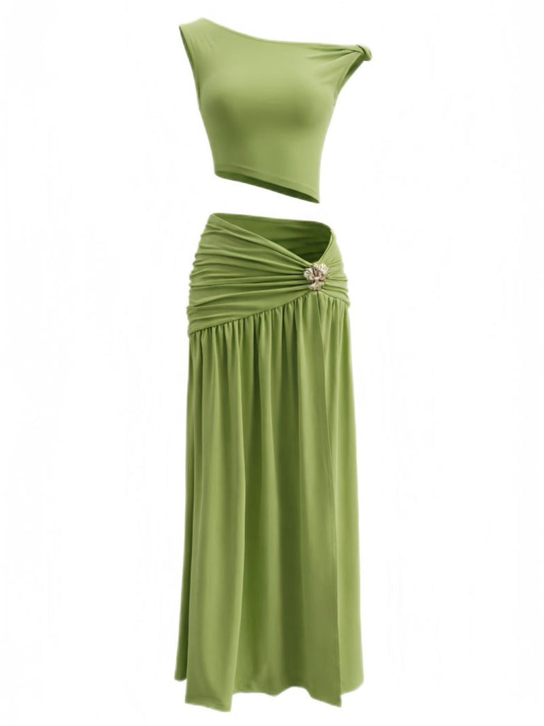Glamorous 1930s style convertible off-shoulder top and ruched maxi skirt set with metal accents, perfect for vintage themed events and evening wear