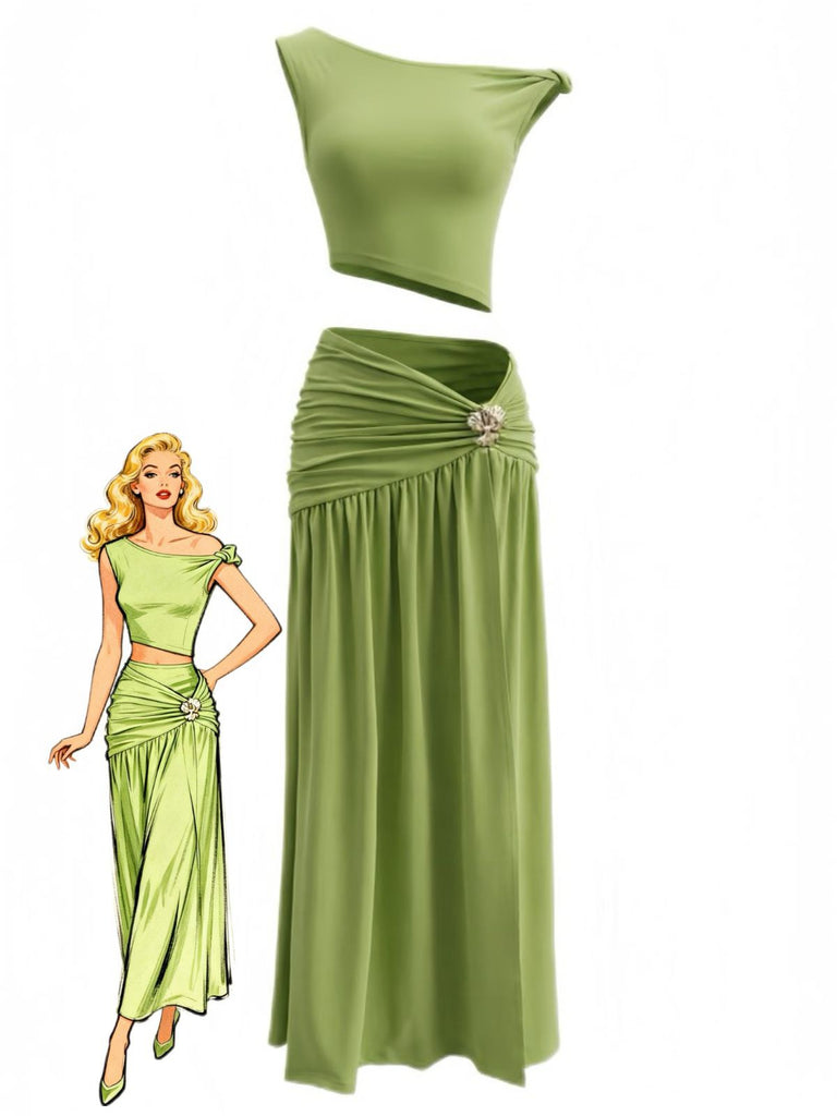 Elegant 1930s vintage two-piece outfit featuring convertible off-shoulder crop top with metal embellishments and high slit ruched maxi skirt for retro parties