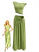 Elegant 1930s vintage two-piece outfit featuring convertible off-shoulder crop top with metal embellishments and high slit ruched maxi skirt for retro parties