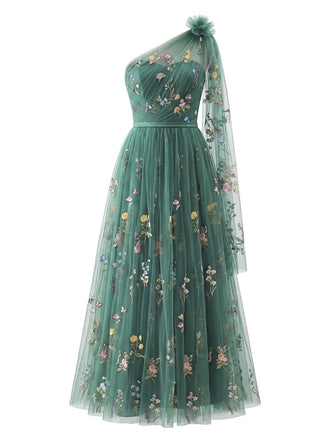 Green one-shoulder tulle maxi dress with floral embroidery for 1930s vintage formal occasions