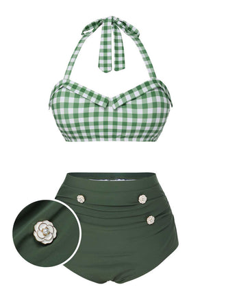 She's wearing Green Gray 1940s Halter Plaids Swimsuit and the whole beach remembers the 1940s