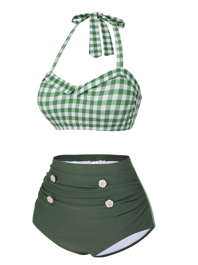 This Green Gray 1940s Halter Plaids Swimsuit carries 1940s vacation dreams in every stitch