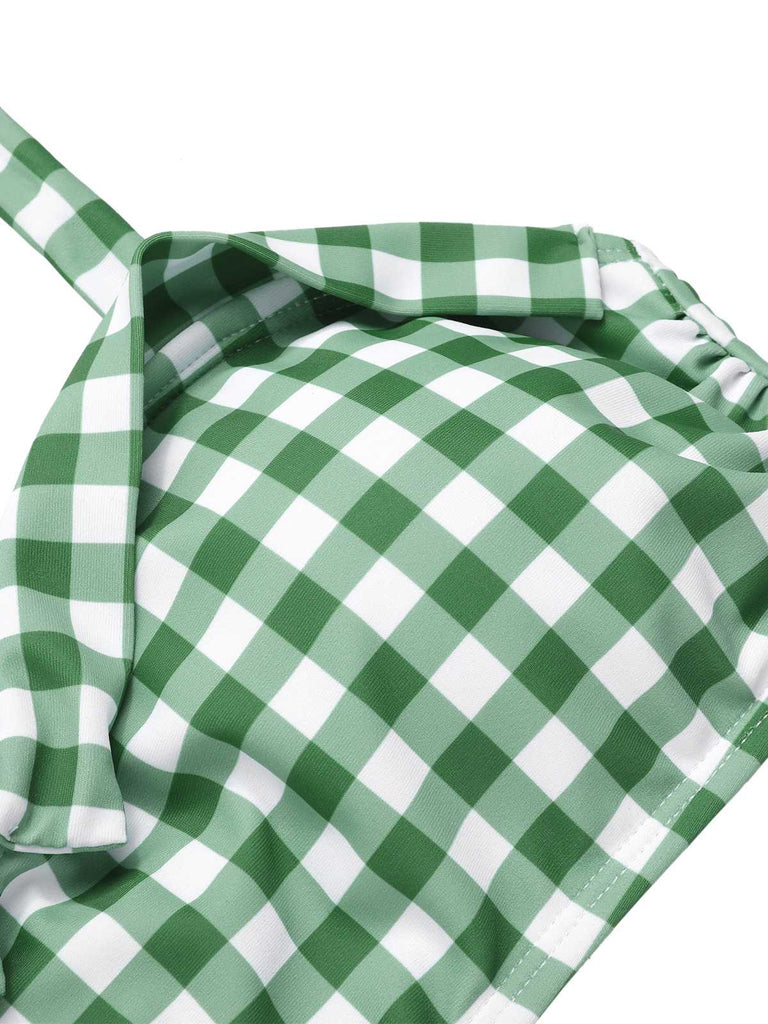 Green Gray 1940s Halter Plaids Swimsuit — 1940s poolside glamour meets sun-drenched confidence