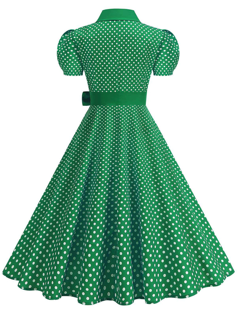 Vintage polka dot belted swing dress with shirt collar in classic 1950s retro style
