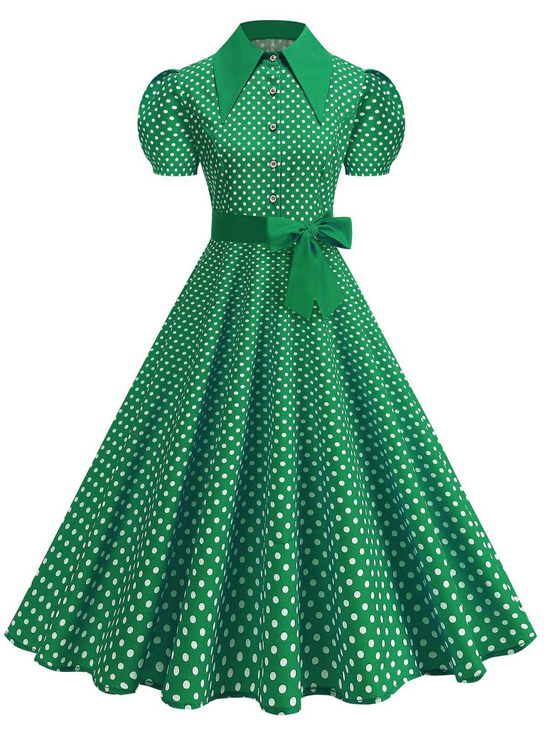 Vintage polka dot belted swing dress with shirt collar in classic 1950s retro style