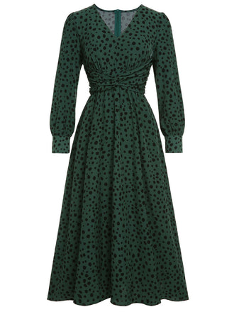Green V-Neck Leopard A-Line Dress: timeless style reimagined