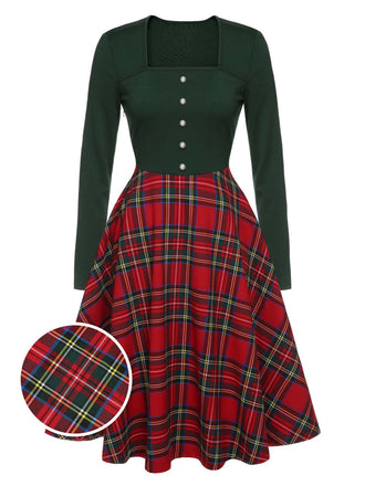 Green&Red 1950s Square Neck Plaids Long Sleeve Dress, vintage dress, retro fashion, rockabilly, pin-up fashion - perfect for women who love vintage and retro fashion