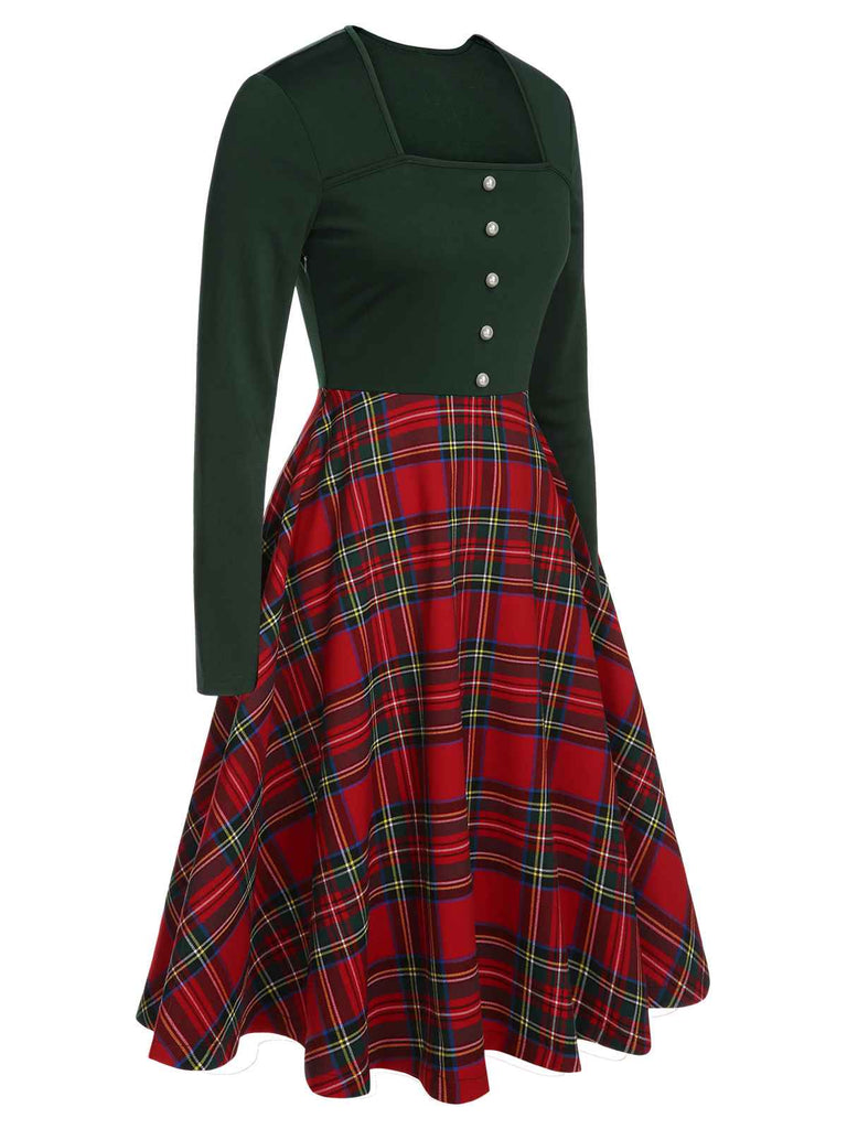 Green&Red 1950s Square Neck Plaids Long Sleeve Dress: timeless style reimagined