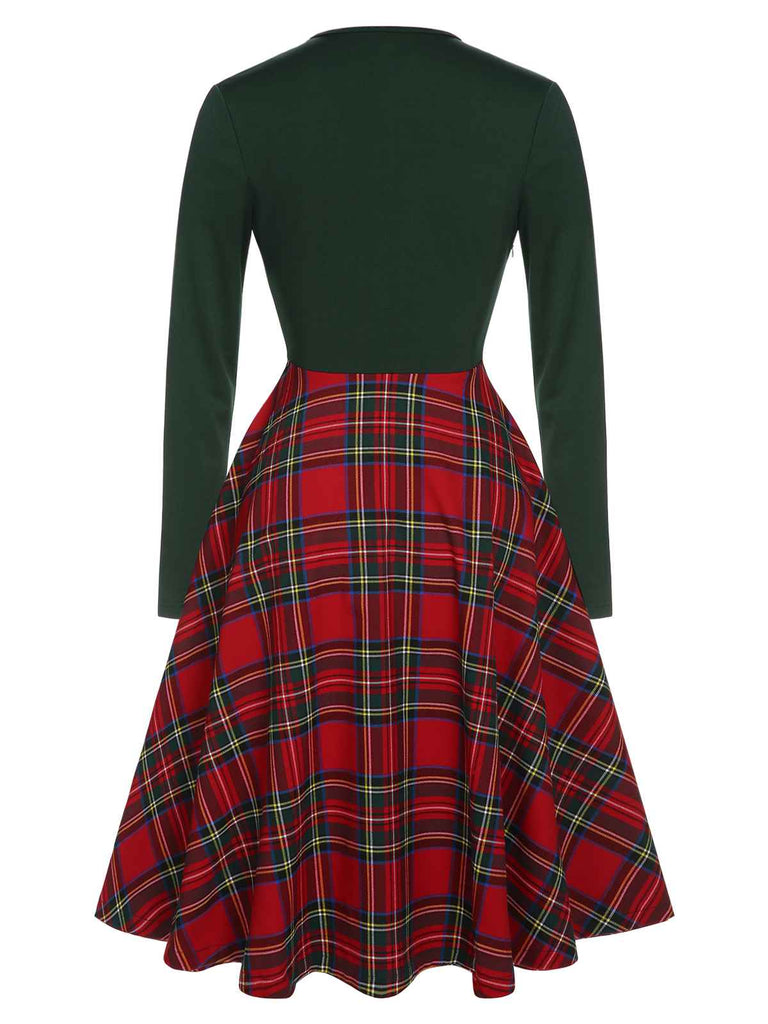 Green&Red 1950s Square Neck Plaids Long Sleeve Dress — vintage elegance for the modern woman