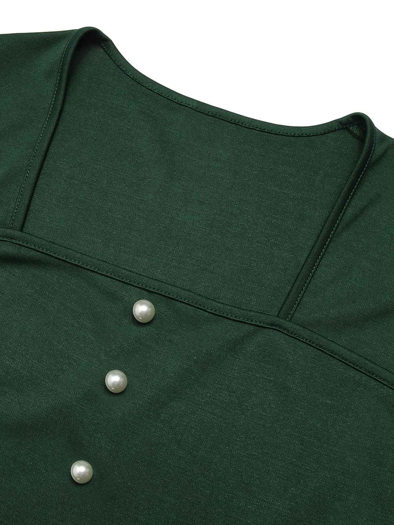 Green&Red 1950s Square Neck Plaids Long Sleeve Dress: timeless style reimagined