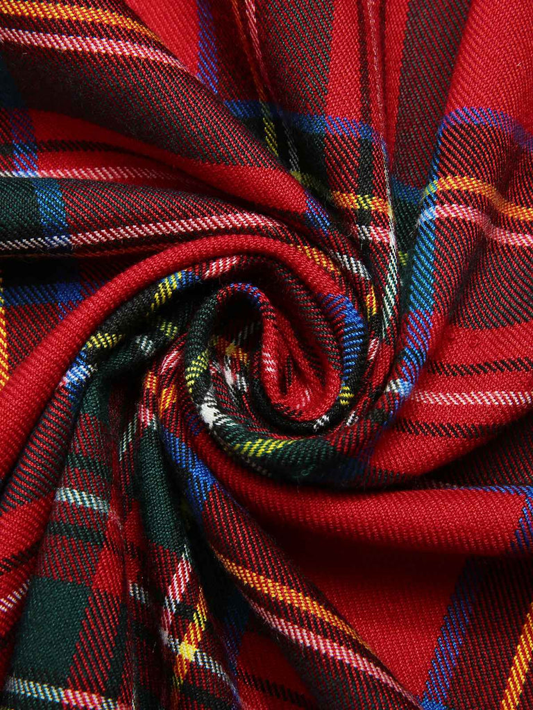 Green&Red 1950s Square Neck Plaids Long Sleeve Dress — vintage elegance for the modern woman