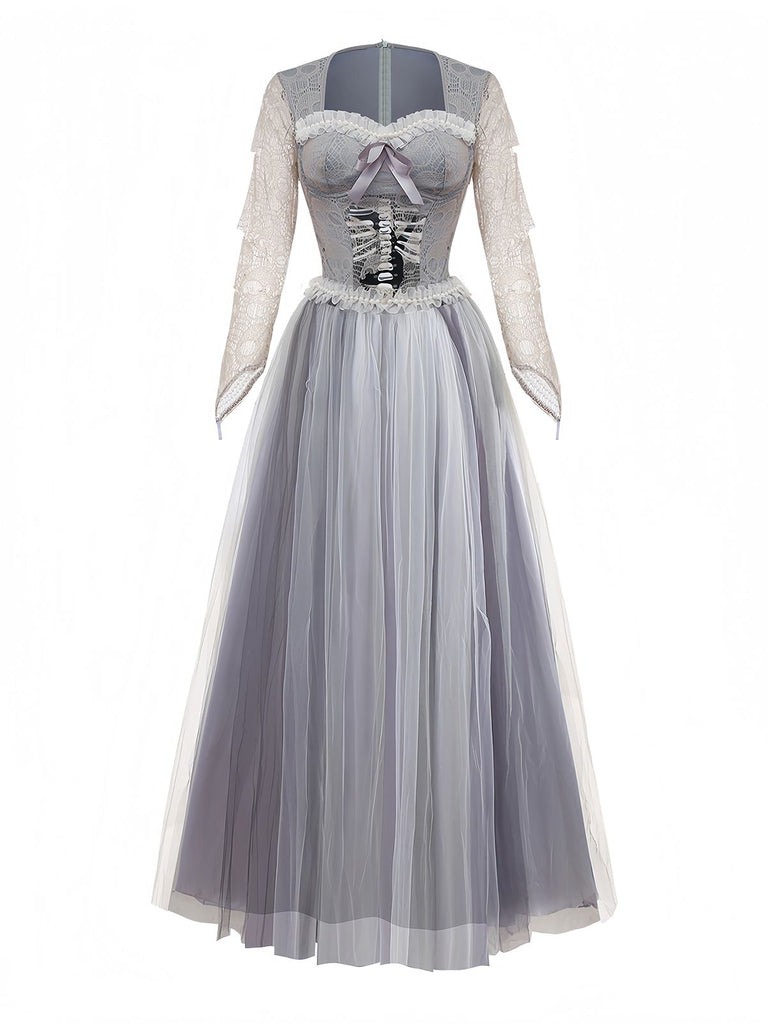 Grey 1930s Halloween Ghost Bride Mesh Dress - vintage dress, retro fashion