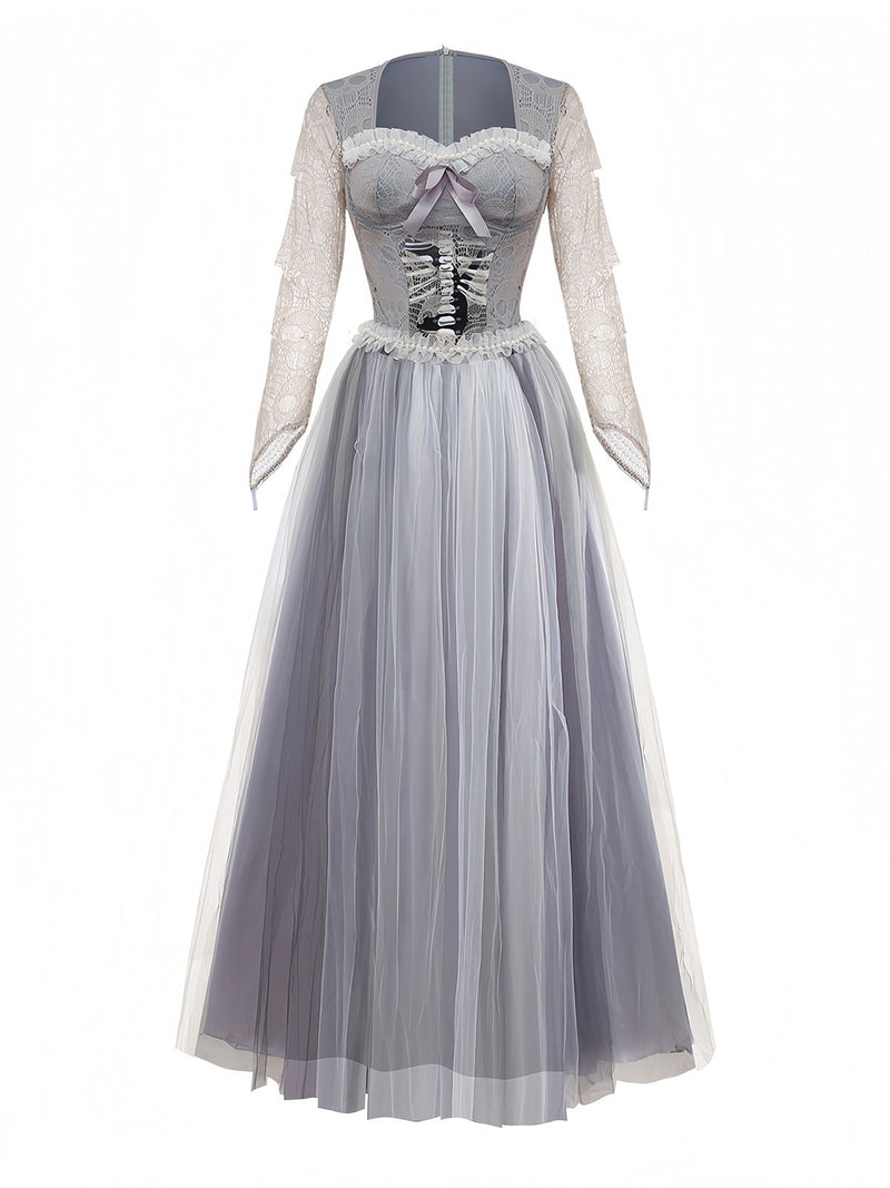 ghost long sleeve dress Grey 1930s Halloween Ghost Bride Mesh Dress