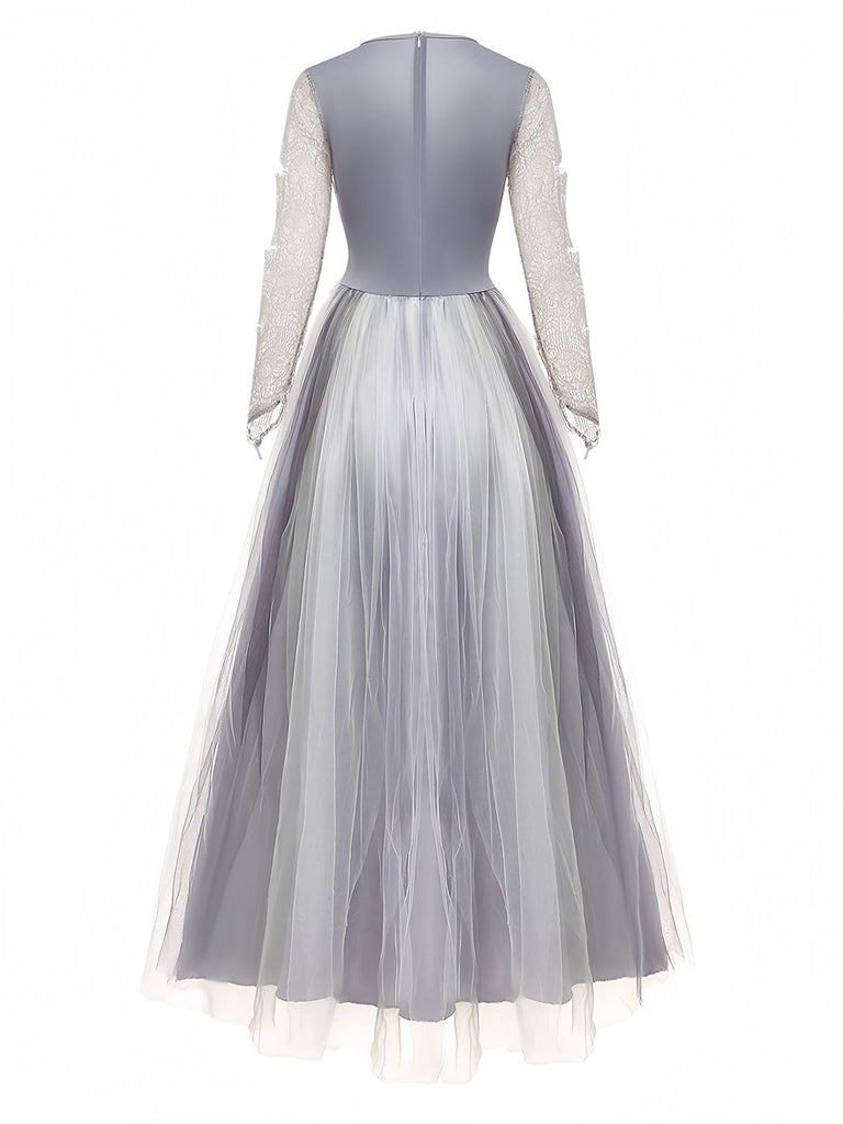 Grey 1930s Halloween Ghost Bride Mesh Dress - vintage dress, retro fashion