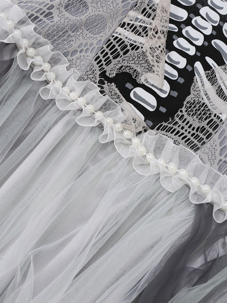 Grey 1930s Halloween Ghost Bride Mesh Dress | Retro Stage Grey 1930s Halloween Ghost Bride Mesh Dress | Retro Stage