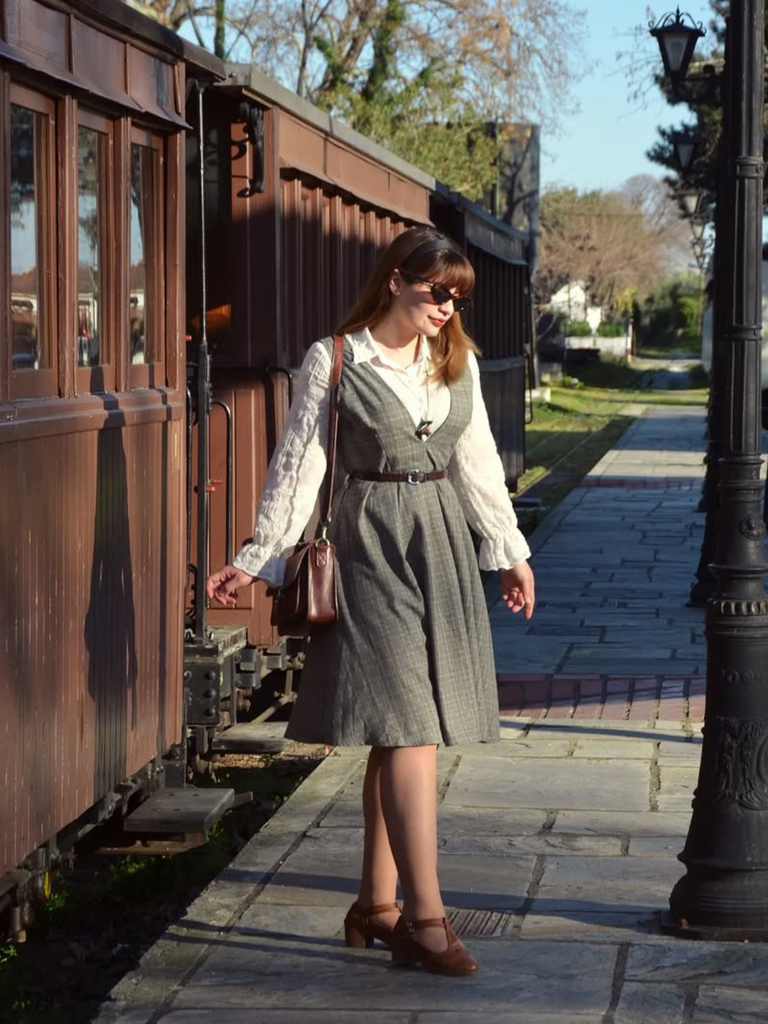 She slips into this Grey 1940s Deep V-Neck Glen Plaid Dress and suddenly it's a 1940s daydream