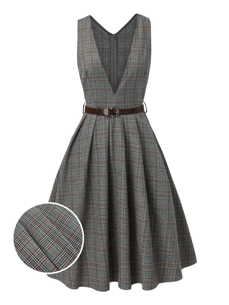 2PCS Grey 1940s V-Neck Plaid Dress & Satin Blouse — a 1940s silhouette that turns sidewalks into runways