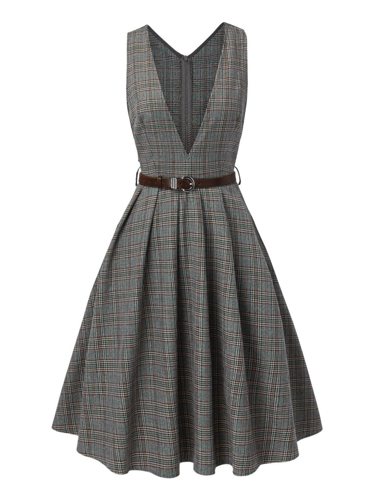 Grey 1940s Deep V-Neck Glen Plaid Dress: where 1940s romance meets her modern spirit