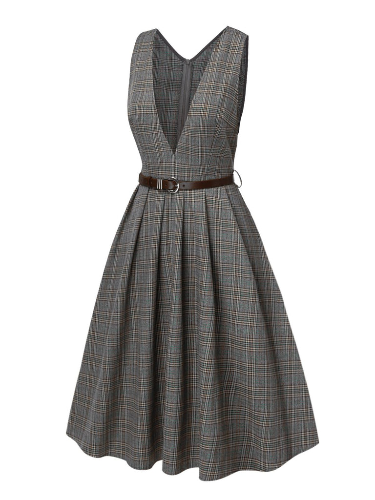 Vintage Belted Plaid Vest Dress with Long Sleeve Blouse | Retro Stage Vintage Belted Plaid Vest Dress with Long Sleeve Blouse | Retro Stage
