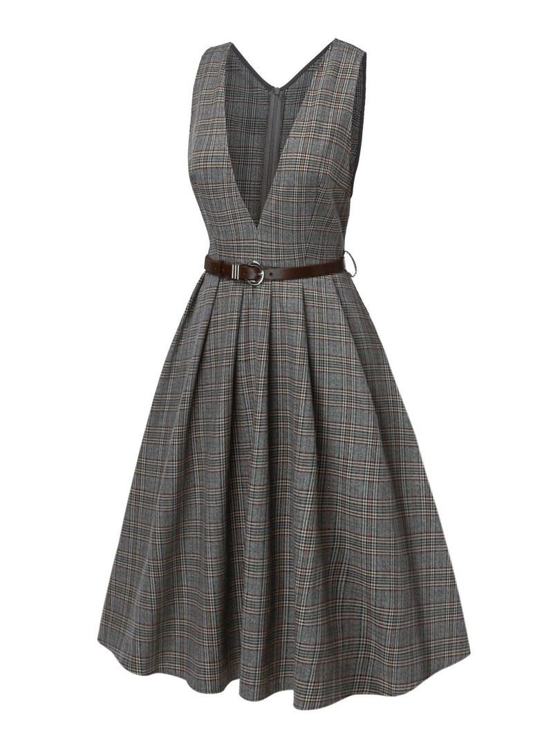 Vintage Plaid Deep V-Neck Sleeveless Swing Midi Dress Gray