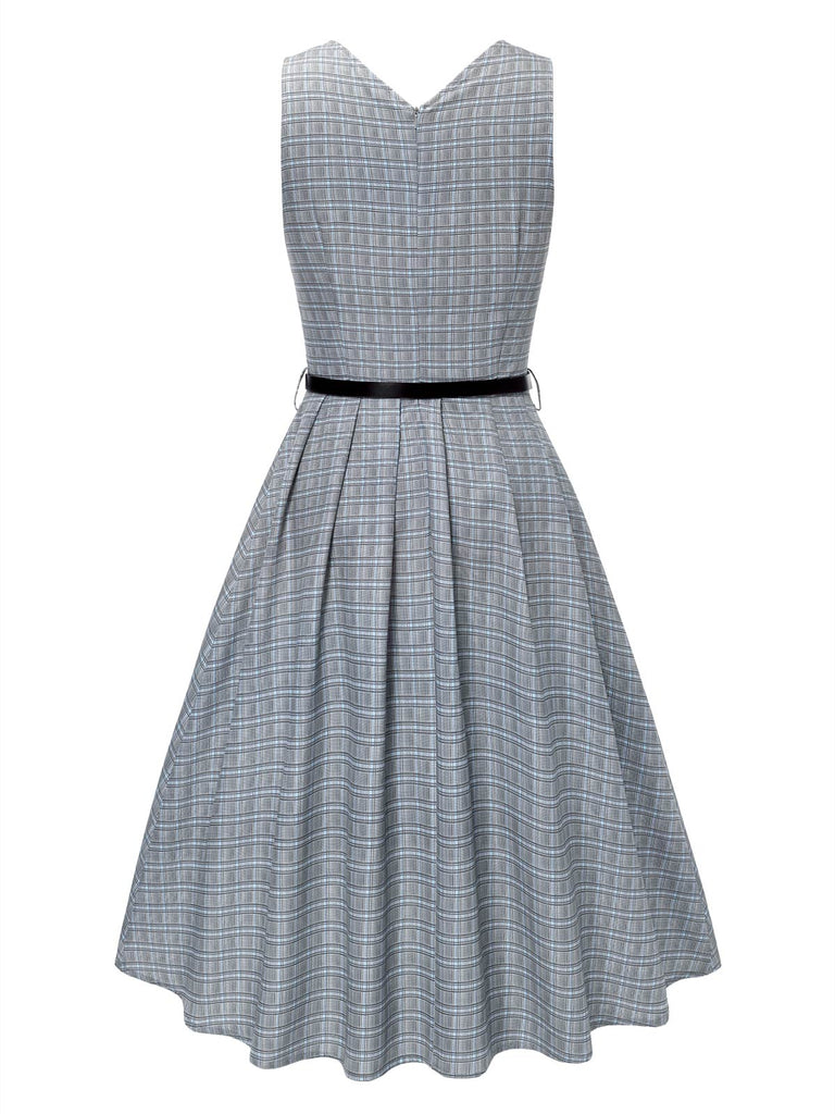 Vintage Plaid Deep V-Neck Sleeveless Swing Midi Dress Gray Vintage Plaid Deep V-Neck Sleeveless Swing Midi Dress Gray