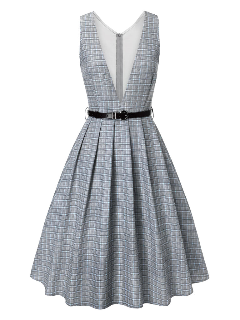 Grey 1940s Deep V-Neck Glen Plaid Dress | Retro Stage