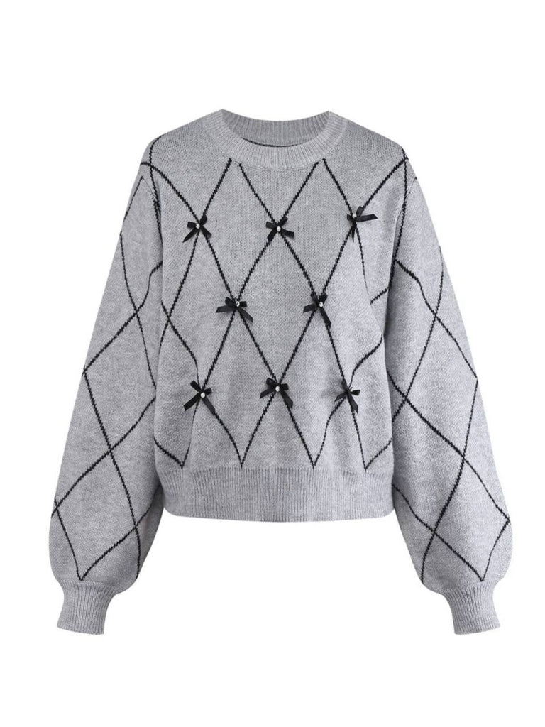 Grey 1950s Round Neck Bow Pullover Sweater - vintage fashion, retro style