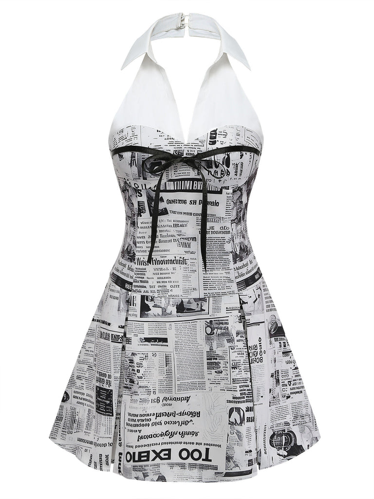 Grey 1960s Newspaper Print Halter V-Neck Dress: beautiful vintage dress, retro fashion, elegant style with timeless appeal