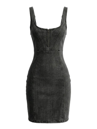 Grey 1960s Spaghetti Strap Denim Short Dress - vintage dress, retro fashion
