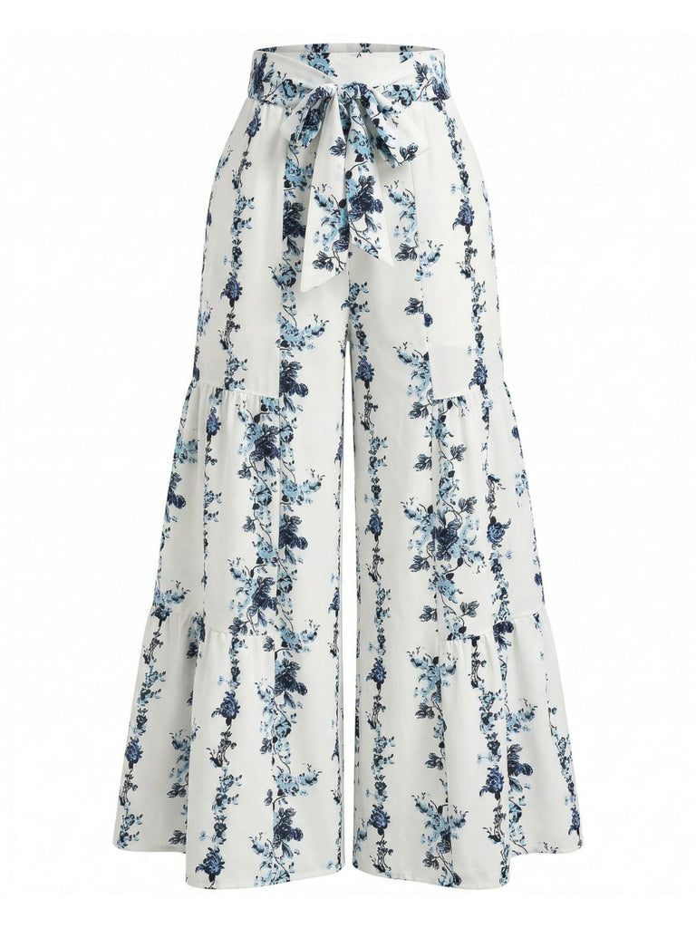 Yellow Grey Vintage Floral Striped Pants 1