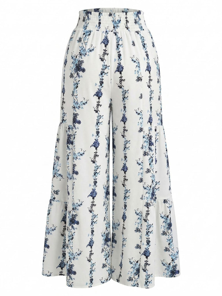 Yellow Grey Vintage Floral Striped Pants 2