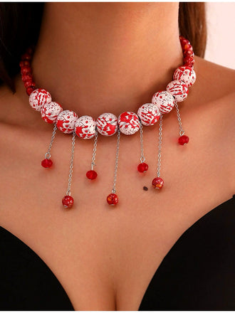 Halloween Blood Drop Beaded Tassel Necklace - vintage fashion, retro style