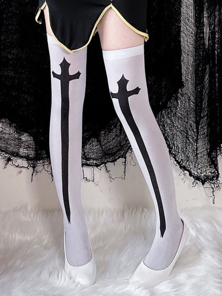 Halloween Cross Print Thigh High Stockings - vintage fashion, retro style