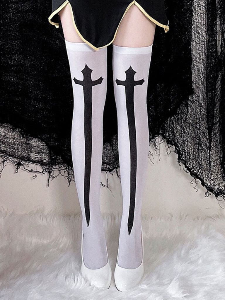 Halloween Cross Print Thigh High Stockings - vintage fashion, retro style