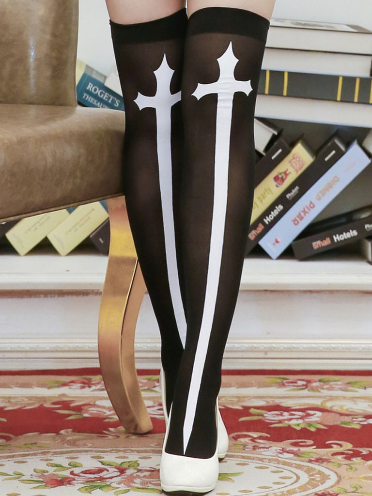 Halloween Cross Print Thigh High Stockings - vintage fashion, retro style