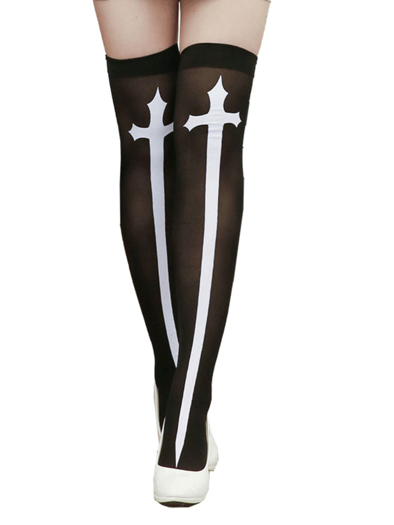 Halloween Cross Print Thigh High Stockings - vintage fashion, retro style