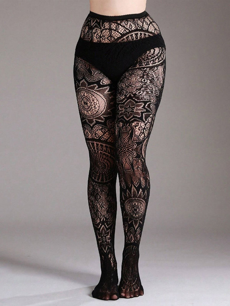 Halloween Gothic Lace Floral Pattern Sheer Tights - vintage fashion, retro style